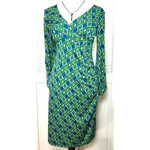 Ruched Geo Print Womens Stretch Babydoll Midi Dress Sz‎ S Split Sleeve 70s